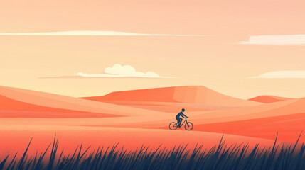 Fototapeta premium A peaceful illustration showing a cyclist traveling across a sunset-tinged desert field, minimalist terrain with soft orange slopes, oversized whimsical cloud in the pastel sky