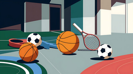 Sport balls and racket on a sports court Modern minimalist design Active lifestyle