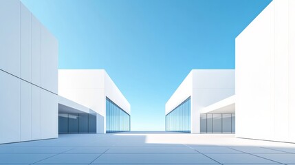 White minimalist background with two large open space buildings, sharp edges and angles, blue sky, symmetrical composition, geometric shapes, high resolution, hyper-realistic, super-detailed