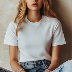 A fashion portrait with white plain t-shirt mockup, created as a generative artwork using AI..