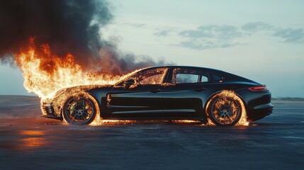 A luxury car burns intensely, flames engulfing the sleek vehicle in a dramatic scene. This striking image captures the power of destruction, creating a contrast between elegance and chaos.. AI