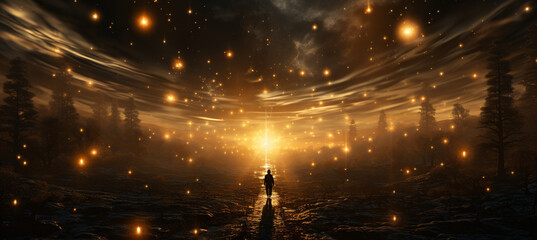 Premium luxury royal presentation banner with dense glittering beam and golden glitter on dark background.

