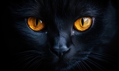 Close-up of black cat with striking orange eyes against dark background