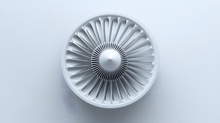 White aircraft jet engine turbine displays intricate fan blades in a symmetrical front view, captured in a clean minimalist setting with precise engineering details.