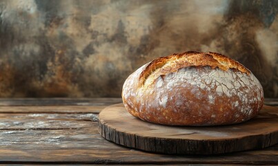 Artisan sourdough bread loaf on wooden board with rustic background
