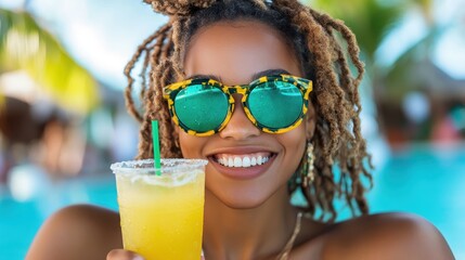 A smiling individual holds a colorful beverage by a poolside, radiating happiness and warmth while being surrounded by a tropical paradise, perfect for summer relaxation.