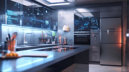A sleek modern kitchen featuring integrated smart home technology. The design is contemporary with high-tech appliances and digital displays, providing a seamless and efficient cooking experience. The