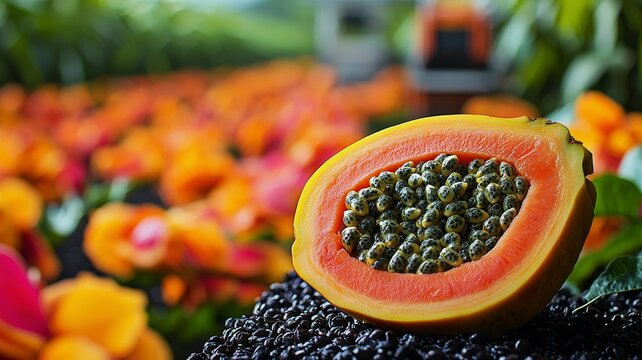 Bright papaya with seeds in foreground and automated slicing equipment in tropical orchard