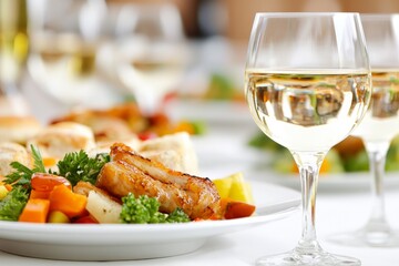 Gourmet seafood dish plated with microgreens and sauce paired with chilled white wine in a restaurant setting featuring elegant lighting and fine dining presentation