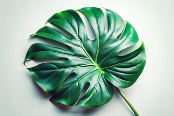 Vintage Style Green Monstera Leaf Illustration, Natural Light, White Background Stock Photo