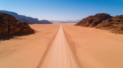 Naklejka premium This aerial image showcases a long, straight road cutting through a quiet desert landscape filled with rocky hills, exemplifying the vastness and beauty of untouched nature.