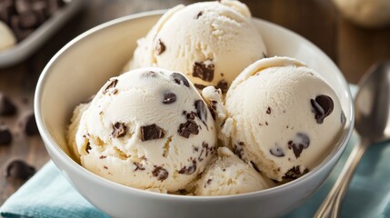 A delicious bowl of vanilla ice cream filled with rich chocolate chunks, captured in a casual and cozy setting. This image is ideal for dessert, comfort food, or lifestyle concepts.. AI Generation