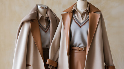 Beige wool coat with brown leather accents Fashionable autumnal outerwear Luxury clothing