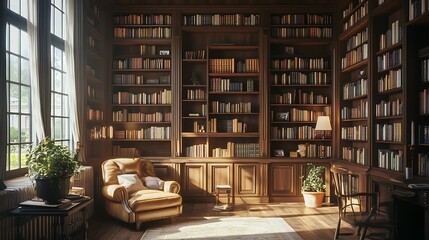 Obraz premium Relaxing sunroom with indoor vines and handcrafted wooden shelves