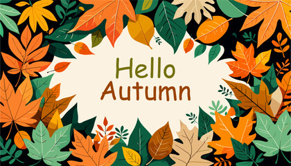 A colorful autumn leaf design with the words "Hello Autumn" written in the center. The design is vibrant and lively, evoking the feeling of fall and the beauty of nature