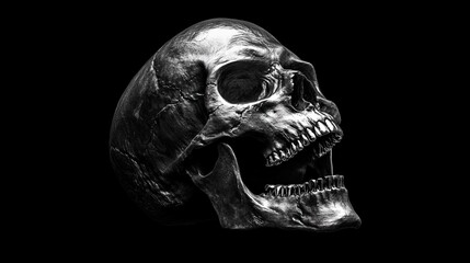 Obraz premium A metallic human skull viewed from the side, highlighted against a black background. The dark setting enhances the skull. AI Generation
