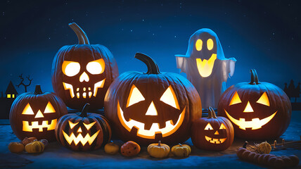 Halloween pumpkins ghost night scene spooky glowing faces