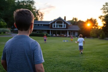 A thoughtful child watches friends play games in a lush green yard during a sunset, capturing the essence of childhood, curiosity, and social connection in a serene environment.