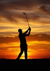 Golden Hour Golf Silhouette: A silhouetted golfer, framed against a breathtaking sunset, is captured mid-swing, embodying the sport's blend of athleticism and scenic beauty.