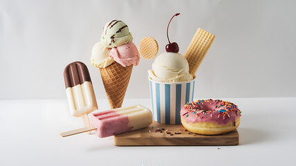 Summer treats: ice cream popsicles and a donut Sweet dessert collection
