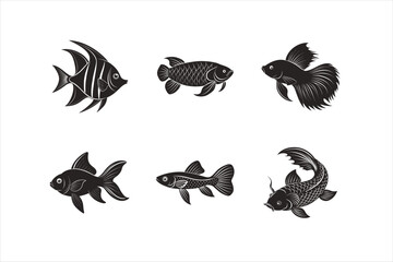 Freshwater Fish Silhouette Bundle - Angelfish, Arowana, Betta, Goldfish, Guppy, Koi Vector Illustration