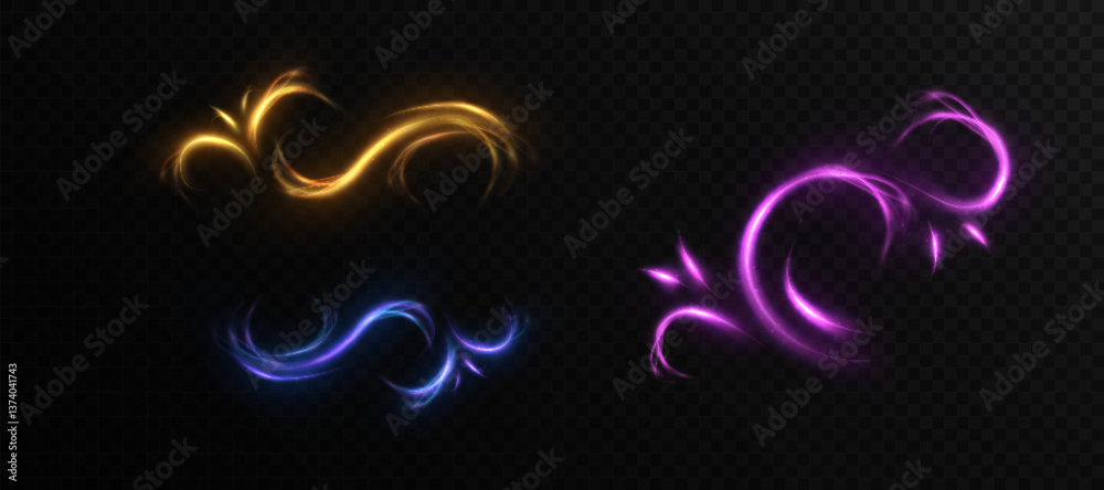 Aufkleber magic glowing swirls with shimmering light effects on a dark background. magic shimmering comets for
