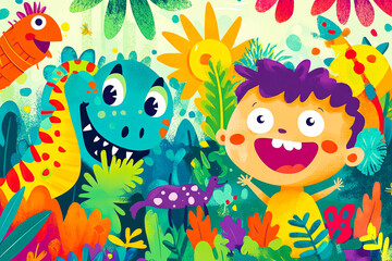 Fototapeta premium Kid and Dinosaurs in a Colorful Jungle