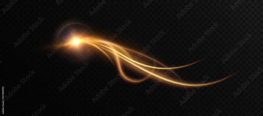 Poster golden magic trail bursting with light, curving like a spell through darkness. a glowing flow of enc