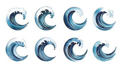 Watercolor illustrations of stylized ocean waves in shades of blue