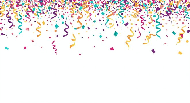 Confetti Rain: A vibrant explosion of colorful confetti and serpentine streamers cascade downwards, creating a festive and cheerful atmosphere, symbolizing celebration and joy. 