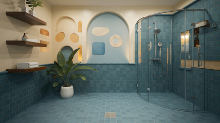 Teal-toned bathroom with arched niches modern shower Stylish minimalist design