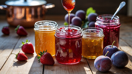 Assorted fruit jams in jars with fresh strawberries and plums on wooden table