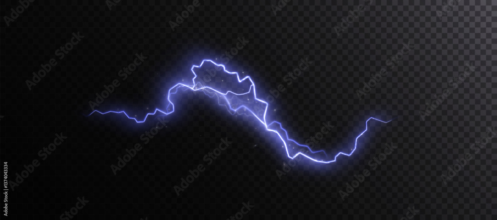 Poster electric blue lightning bolt with glowing aura and sparkling particles on a dark transparent backgro