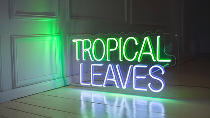 Neon sign Tropical Leaves  in green and blue on a white background