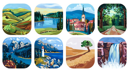 Colorful landscapes various locations stylized illustration perfect for travel-themed design