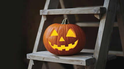 Halloween pumpkin on wooden step stool