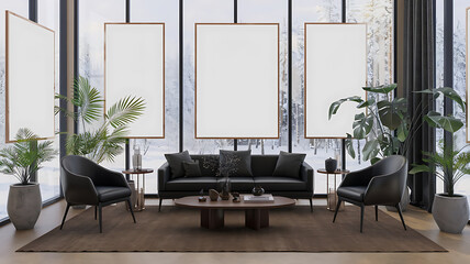 Modern living room winter view black furniture empty frames