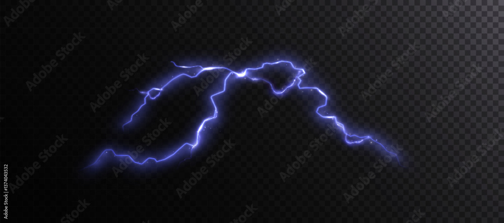Poster electric blue lightning bolt with glowing aura and sparkling particles on a dark transparent backgro