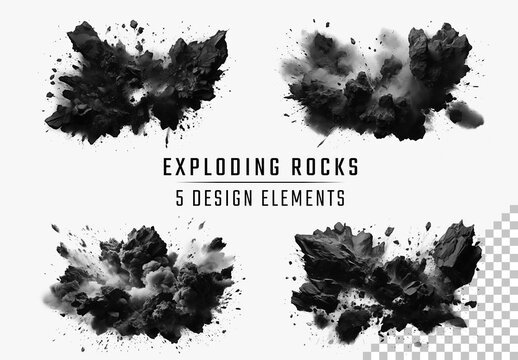 5 Exploding Black Rocks Isolated On Transparent Background