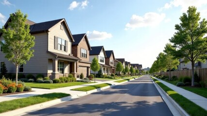 Naklejka premium Suburban street with modern homes and green lawns on a sunny day.