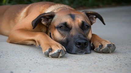 Obraz premium Brindle Dog Resting on Gray Concrete Outdoors