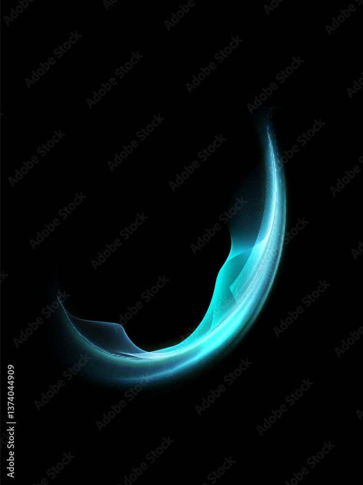 Poster abstract blue energy wave glowing in darkness, forming a luminous arc like a spell igniting in the v