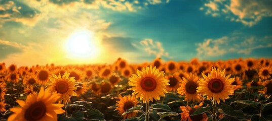 Fototapeta premium Sunflower Field Under Blue Sky With Bright Sun During Golden Hour in Summer