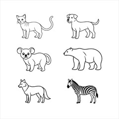 Set of 6 Wildlife Animals Line Art Vector Illustration Bundle – Cat, Koala, Dog, Polar Bear, Wolf, Zebra