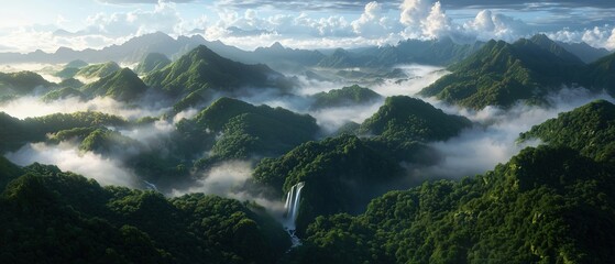 Aerial view of majestic waterfall cascading through lush mountains