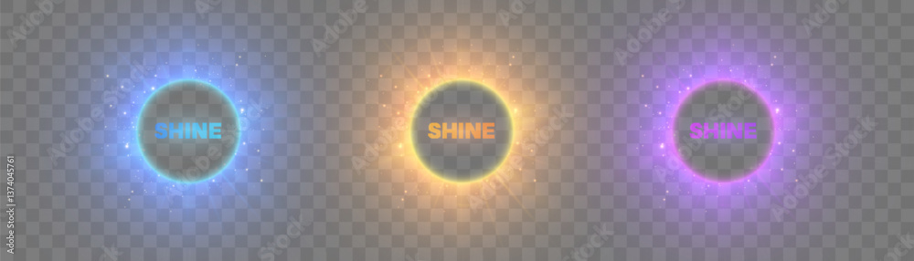 Poster set of glowing round badges with text 