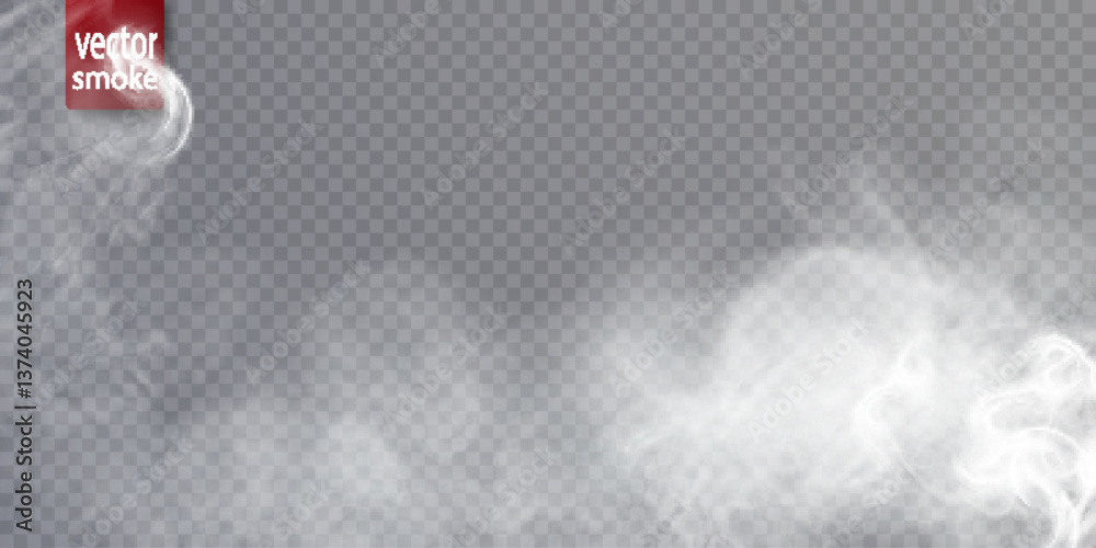 Poster Realistic white smoke effect on transparent background with soft swirls and fog density. Perfect for overlays, steam effects or atmospheric design elements. Vector