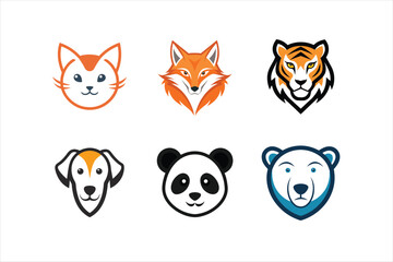 Fototapeta premium Minimalist Wildlife Animal Head Logo Set – Cat, Dog, Fox, Panda, Polar Bear, Tiger Vector Illustration