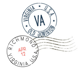 Postal rubber stamps with RICHMOND VIRGINIA USA, along with the ZIP code, state abbreviation (VA), and date. Retro-style seals for letter envelopes, greeting cards, passports, and parcels.