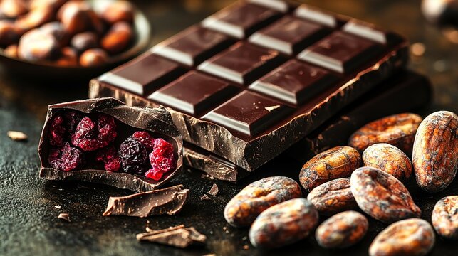 Elegant ruby chocolate with freeze-dried berries and glossy cacao beans